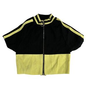 Hot & Delicious Black Neon Yellow Full Zip Cropped Sweater Mock Neck S HC6487